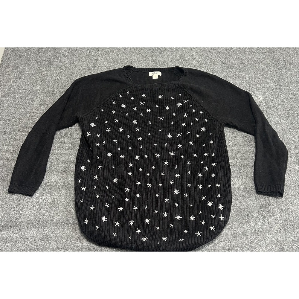 Style & Co Black White Embroidery Star Petite Whimsy Pullover Sweater Large